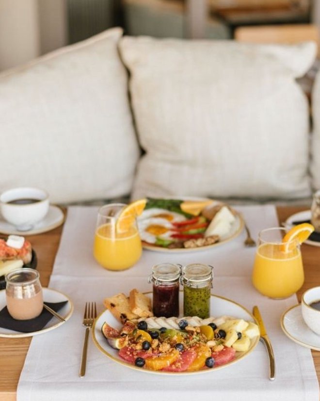 In-room breakfast on a sofa table